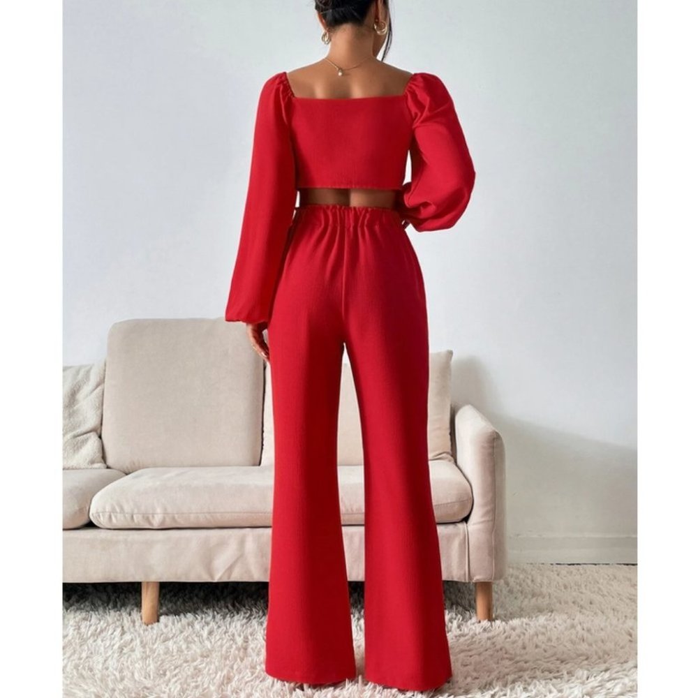 Coord Set Red Lantern long Sleeve Tie Front Crop Top & Wide Leg Pants - Picture 3 of 8